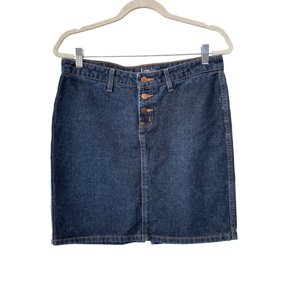 Y2K LEI Denim Skirt Size 9 A Line Button Front Blue Dark Wash Cotton Jeans - Picture 1 of 7